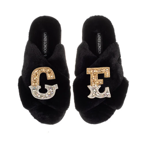 Classic Laines Slippers With Double Gold & Silver Initial Brooches - Image 6