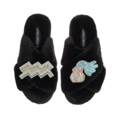 Classic Laines Slippers With Aquarius Star Sign Brooches