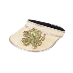 Straw Woven Visor With Embellished Gold & Green Octopus Brooch