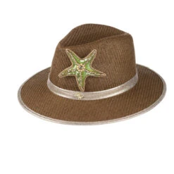 Straw Woven Hat With Embellished Green & Gold Starfish Brooch