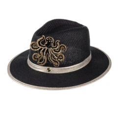 Straw Woven Hat With Embellished Black & Gold Octopus Brooch