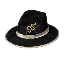 Straw Woven Hat With Gold Metal Snake Brooch