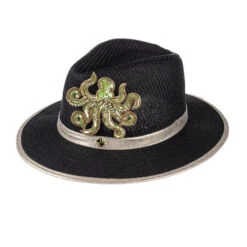 Straw Woven Hat With Embellished Green & Gold Octopus Brooch