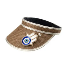 Straw Woven Visor With Hamsa Hand Brooch