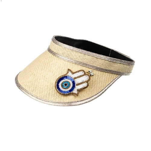 Straw Woven Visor With Hamsa Hand Brooch - Image 3