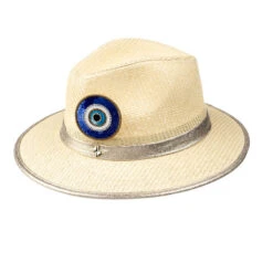 Straw Woven Hat With Evil Eye Brooch