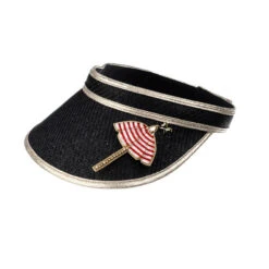 Straw Woven Visor With Parasol Brooch