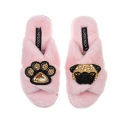 Classic Laines Slippers With Franki The Pug & Paw Brooches