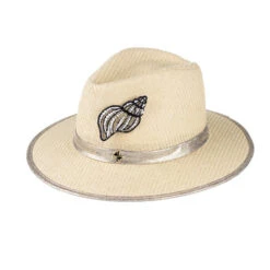 Straw Woven Hat With Embellished Cone Shell Brooch