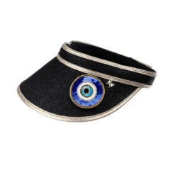 Straw Woven Visor With Evil Eye Brooch