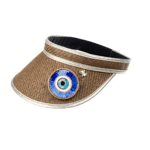 Straw Woven Visor With Evil Eye Brooch - Image 3