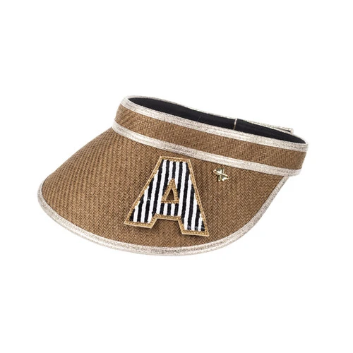 Straw Woven Visor With Embellished Black & White Initial Brooch