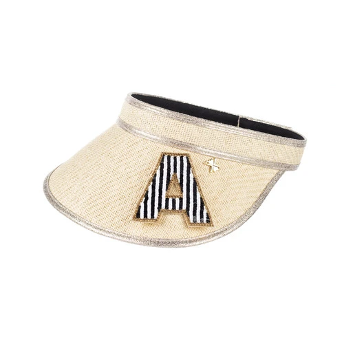 Straw Woven Visor With Embellished Black & White Initial Brooch - Image 2