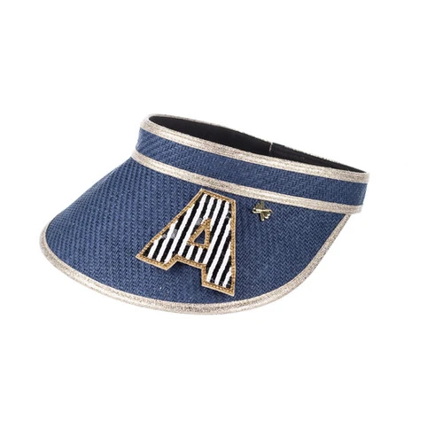 Straw Woven Visor With Embellished Black & White Initial Brooch - Image 3