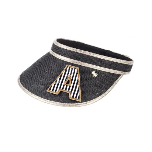 Straw Woven Visor With Embellished Black & White Initial Brooch - Image 4