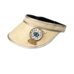 Straw Woven Visor With Crystal Ball Brooch