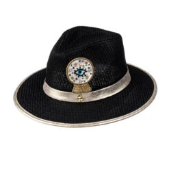 Straw Woven Hat With Crystal Ball Brooch