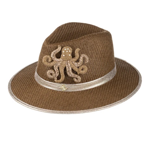 Straw Woven Hat With Embellished Golden Octopus Brooch