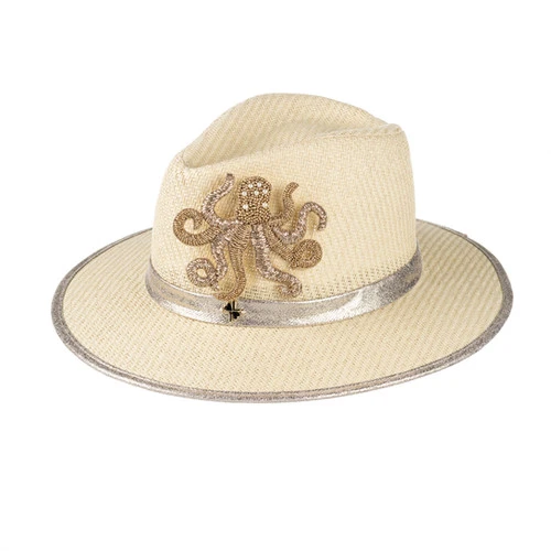 Straw Woven Hat With Embellished Golden Octopus Brooch - Image 2