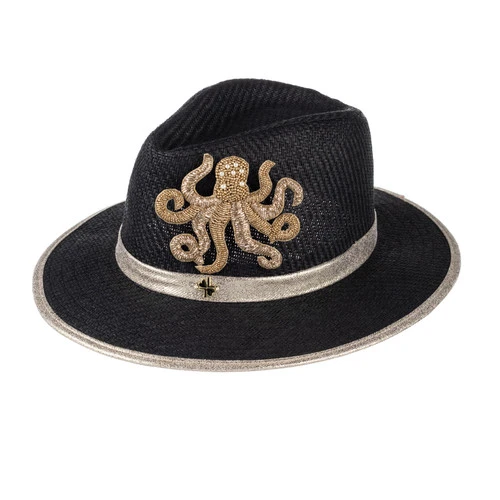 Straw Woven Hat With Embellished Golden Octopus Brooch - Image 3