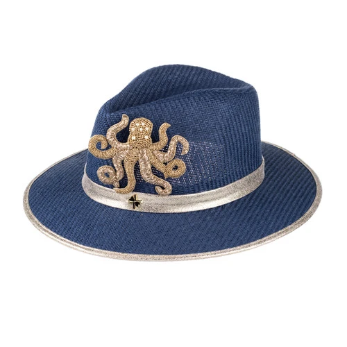 Straw Woven Hat With Embellished Golden Octopus Brooch - Image 4