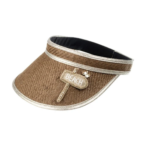 Straw Woven Visor With This Way To The Beach Sign Brooch