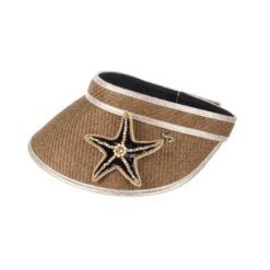 Straw Woven Visor With Embellished Black & Gold Starfish Brooch