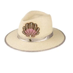 Straw Woven Hat With Embellished Pink & Gold Shell Brooch