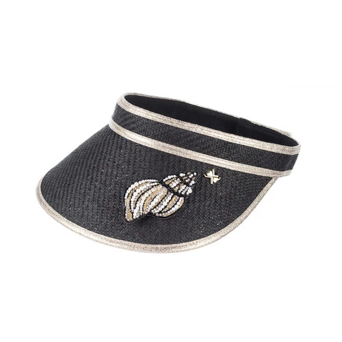 Straw Woven Visor With Embellished Cone Shell Brooch