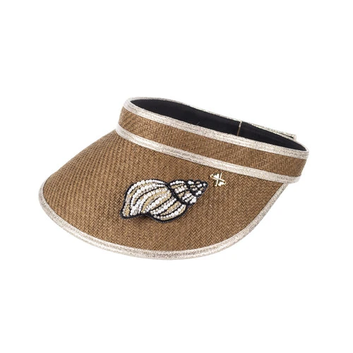 Straw Woven Visor With Embellished Cone Shell Brooch - Image 4
