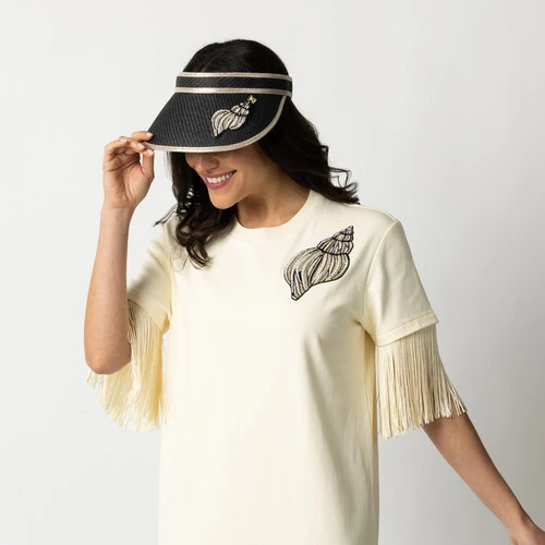 Straw Woven Visor With Embellished Cone Shell Brooch - Image 5