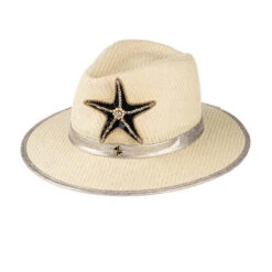 Straw Woven Hat With Embellished Black & Gold Starfish Brooch