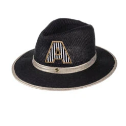 Straw Woven Hat With Embellished Black & White Initial Brooch