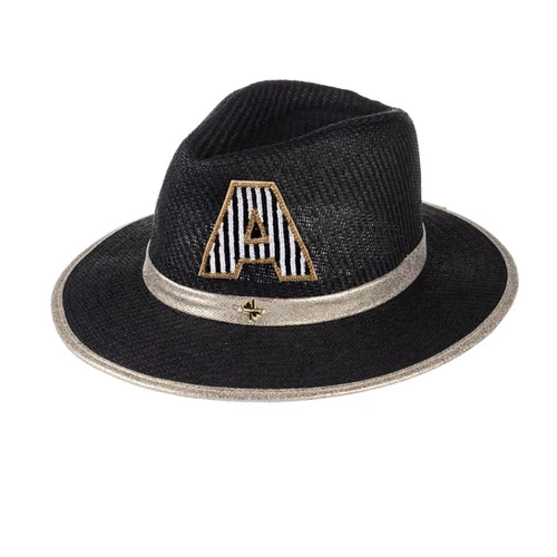 Straw Woven Hat With Embellished Black & White Initial Brooch
