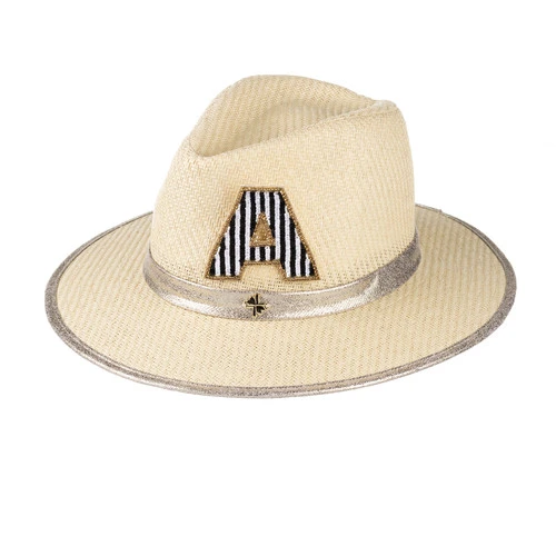 Straw Woven Hat With Embellished Black & White Initial Brooch - Image 2