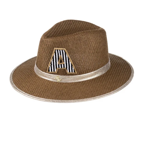 Straw Woven Hat With Embellished Black & White Initial Brooch - Image 3