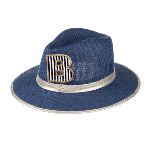 Straw Woven Hat With Embellished Black & White Initial Brooch - Image 4
