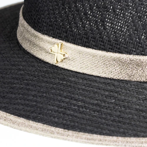 Straw Woven Hat With Embellished Black & White Initial Brooch - Image 5