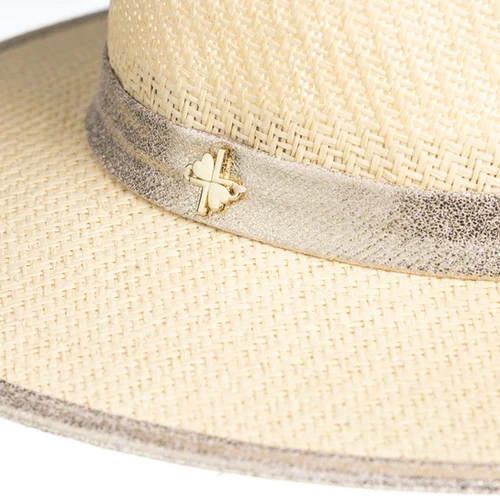 Straw Woven Hat With Embellished Black & White Initial Brooch - Image 7