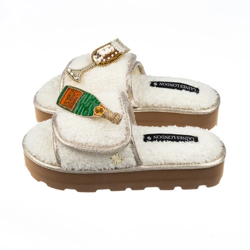 Terry Towelling Flatform Sliders With Laines Champers Brooches