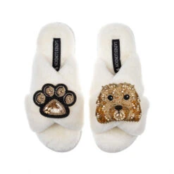 Classic Laines Slippers With Enki Doo The Cockapoo & Paw Brooches