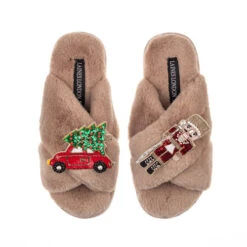 Classic Laines Slippers With Red & Gold Nutcracker & Car Brooches