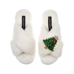 Classic Laines Slippers With Christmas Tree Brooch