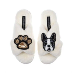 Classic Laines Slippers With Buddy The Boston Terrier & Paw Brooches