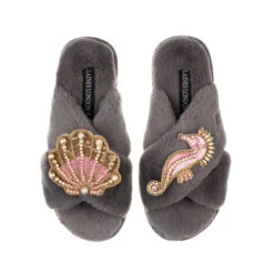 Classic Laines Slippers With Pink & Gold Seahorse & Shell Brooches