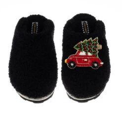 Teddy Closed Toe Slippers With Christmas Car Brooch