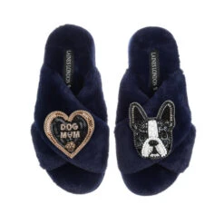 Classic Laines Slippers With Buddy The Boston Terrier & Dog Mum Brooches