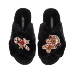 Classic Laines Slippers With Gingerbread & Candy Cane Brooches