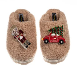 Teddy Closed Toe Slippers With Red Nutcracker & Christmas Car Brooches