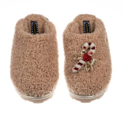 Teddy Closed Toe Slippers With Candy Cane Brooch